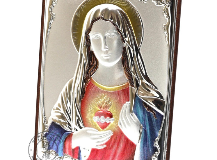 Catholic Wood Icon The Immaculate Heart Of Mary. Silver Plated .999 Oklad Riza ( 7.0″ X 5.2″ ) 18cm X 13cm