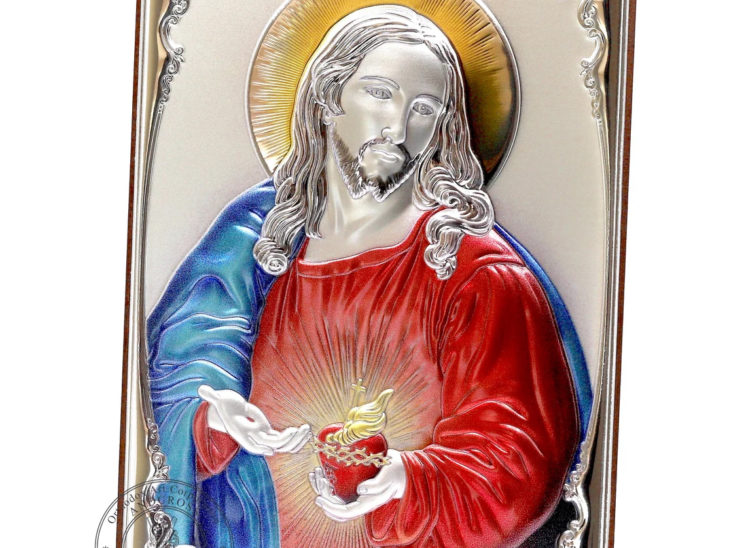 Catholic Wood Icon The Sacred Heart Of Jesus. Silver Plated .999 Oklad Riza ( 7.0″ X 5.2″ ) 18cm X 13cm