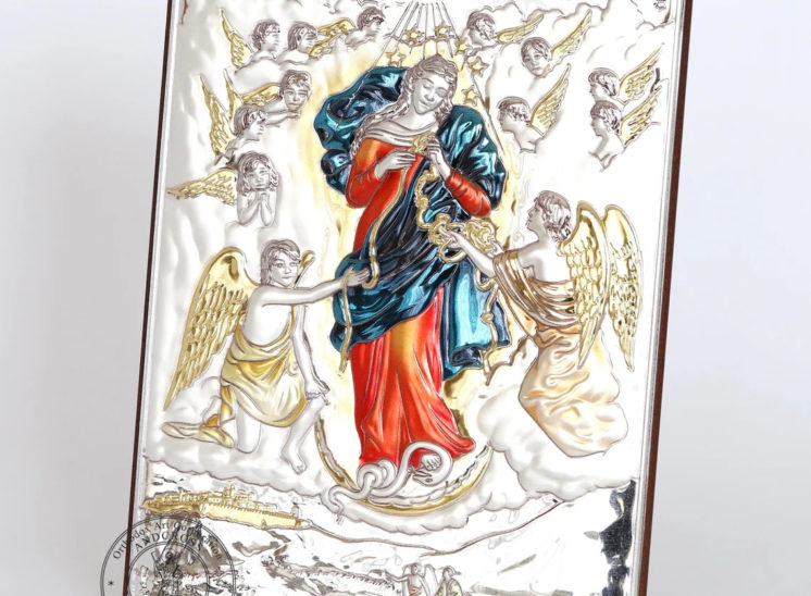 Catholic Wood Icon Mary Untier of Knots. Silver Plated .999 Oklad Riza ( 7.0″ X 5.2″ ) 18cm X 13cm
