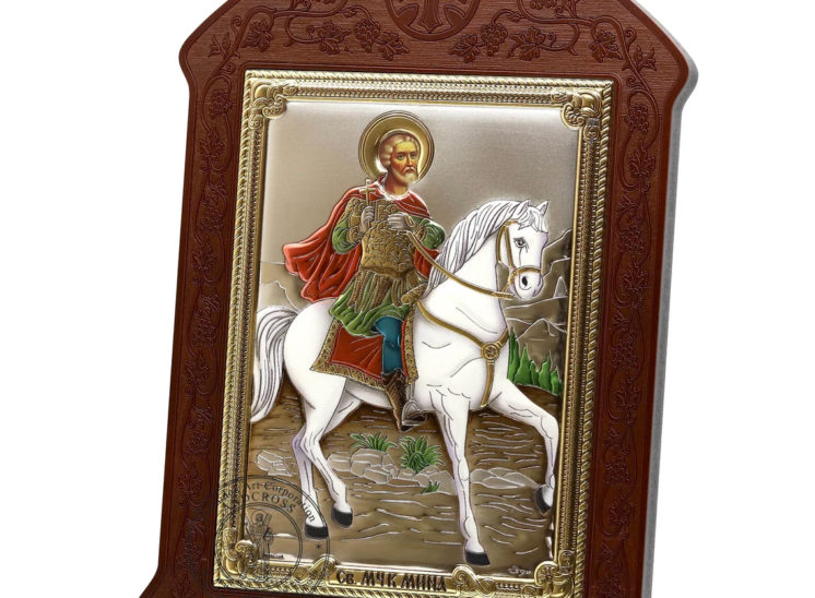 Catholic Icon St Mina Wonderworker. Silver Plated .999 Wooden Oklad Riza ( 10″ X 7.4″ ) 25.5cm X 19cm