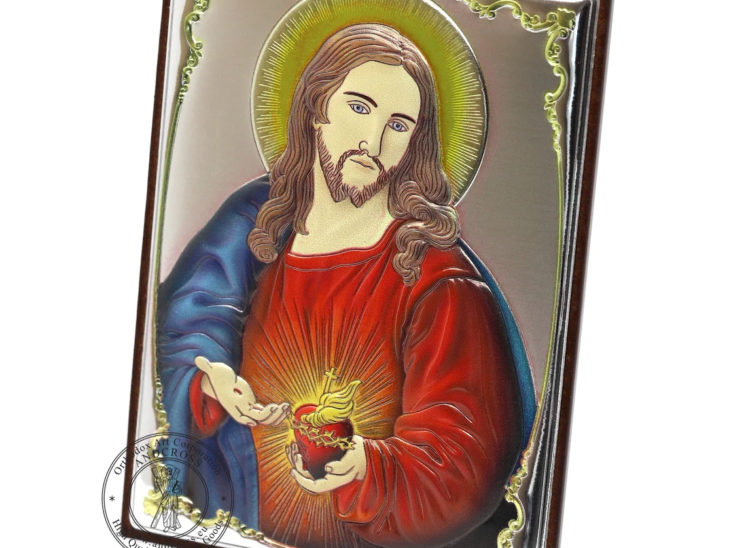 Catholic Wood Icon The Sacred Heart Of Jesus. Silver Plated .999 Oklad Riza ( 3.4″ X 4.5″ ) 8.6cm X 11.3cm