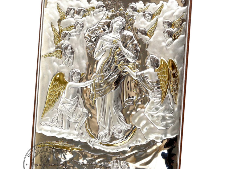 Catholic Wood Icon Mary Untier of Knots. Silver Plated .999 Oklad Riza ( 7.0″ X 5.2″ ) 18cm X 13cm